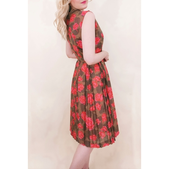 1950s Sleeveless Floral Boat Neck 50s Vintage Pleated Brown Red Pink Midi Dress - Picture 3 of 15